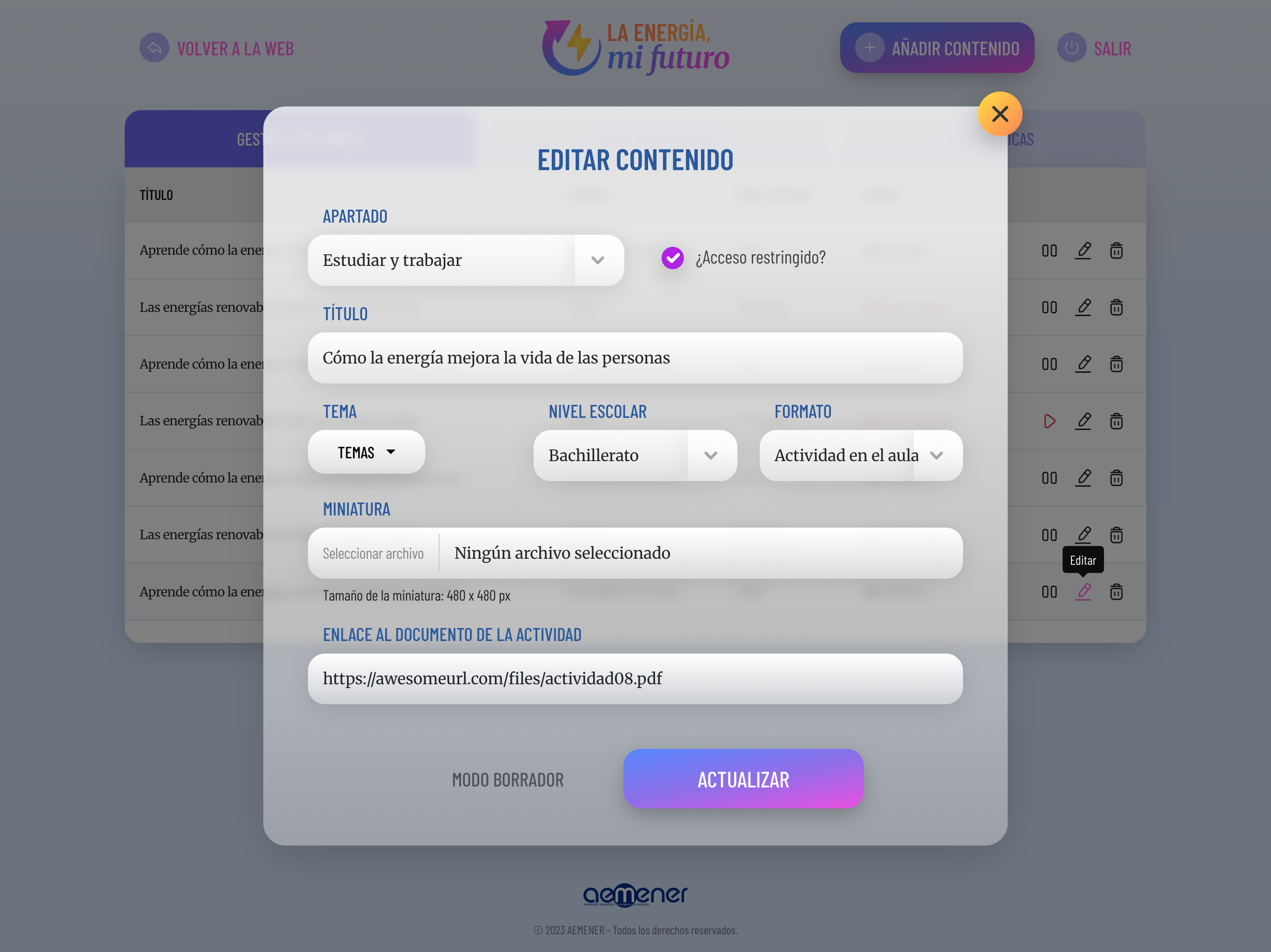 P&aacute;gina del backoffice de gesti&oacute;n de la web, con editor de contenidos CMS.