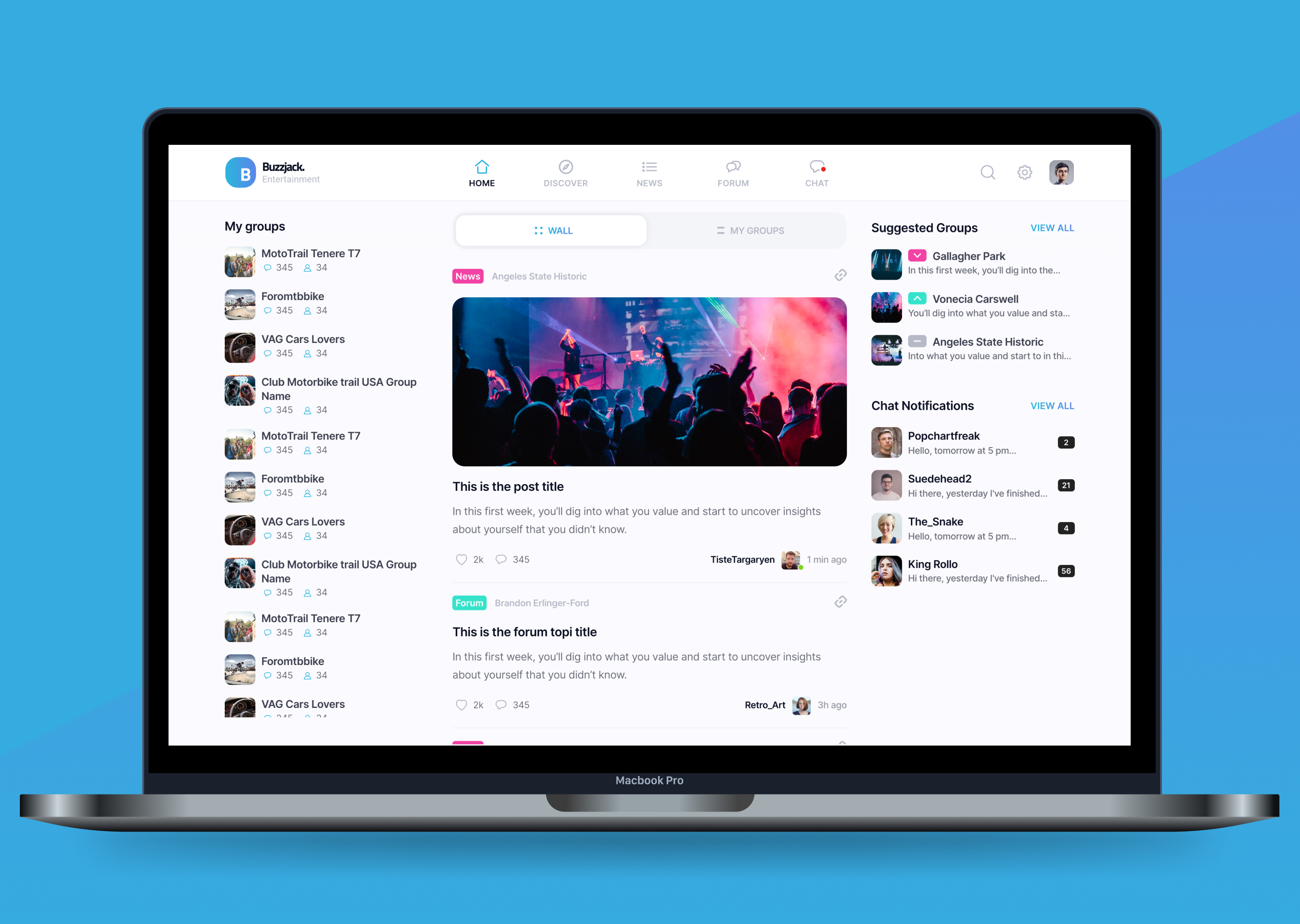 Dashboard principal de comunidad musical — layout de tres columnas con feed central, grupos propios y notificaciones de chat en tiempo real