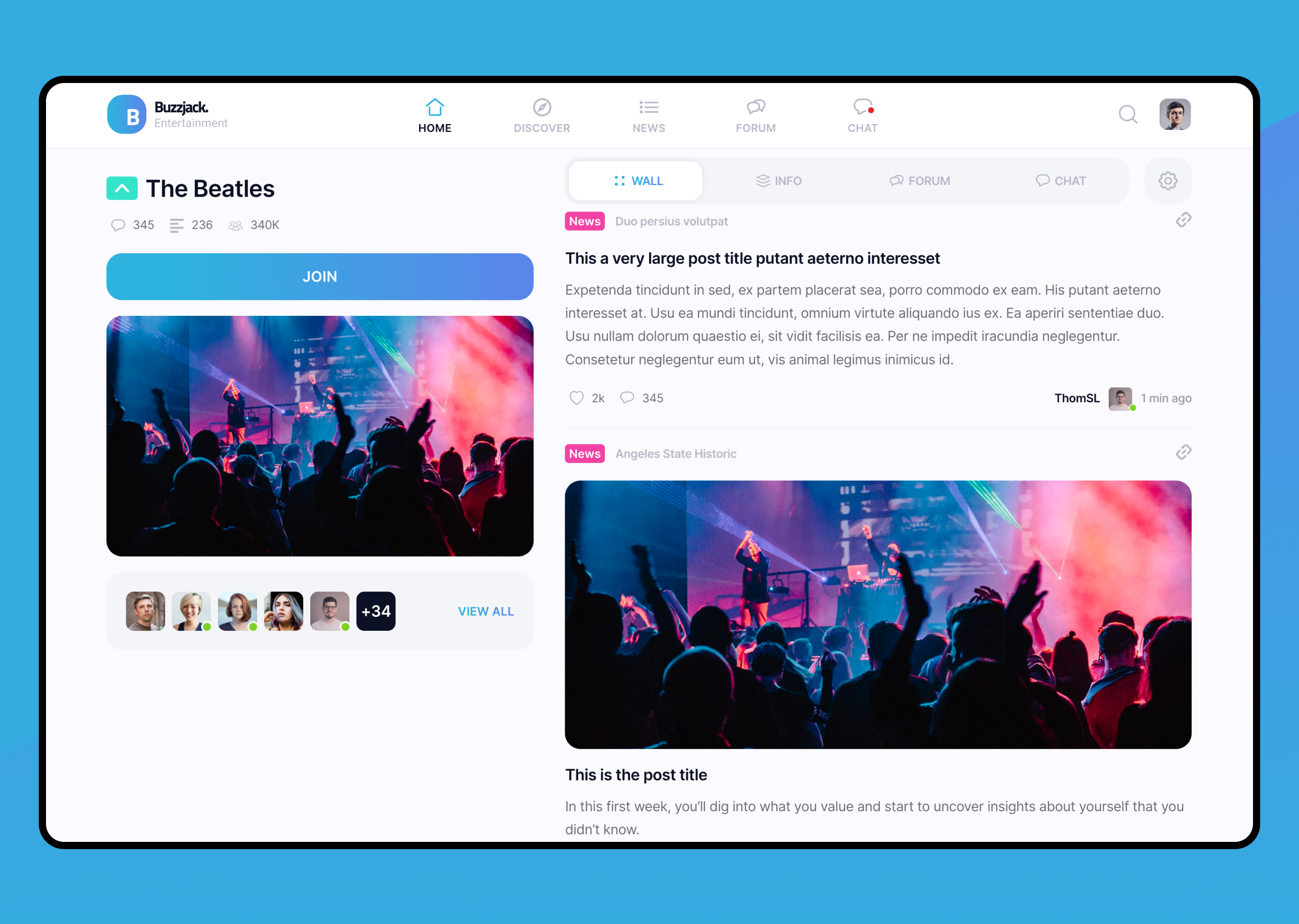Vista de grupo de artista — UI responsive con tabs Wall / Info / Forum / Chat y sistema de membresía integrado para comunidades de música online