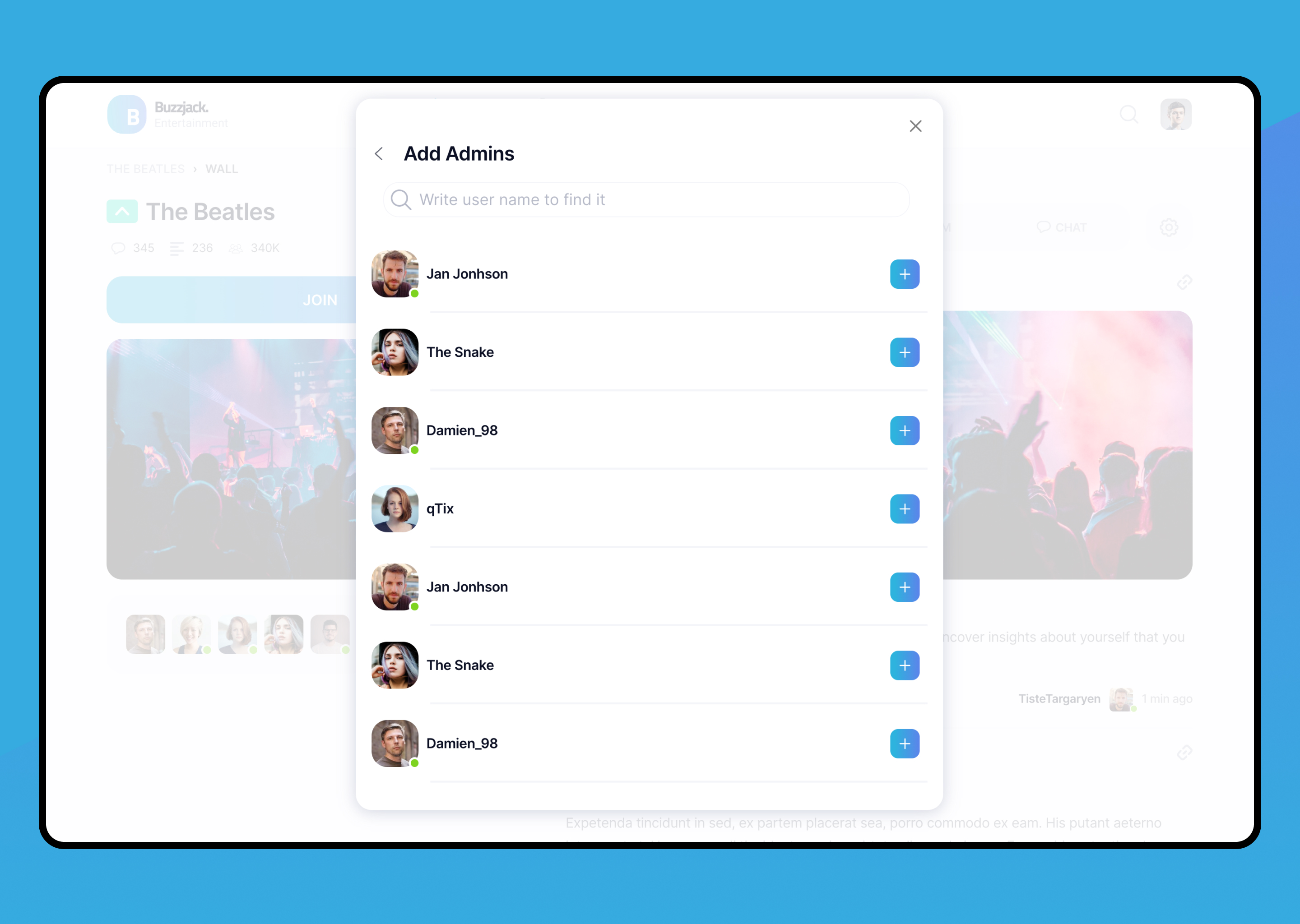 Modal de gestión de administradores — componente de búsqueda y asignación de roles con indicadores de presencia online para plataformas de foros