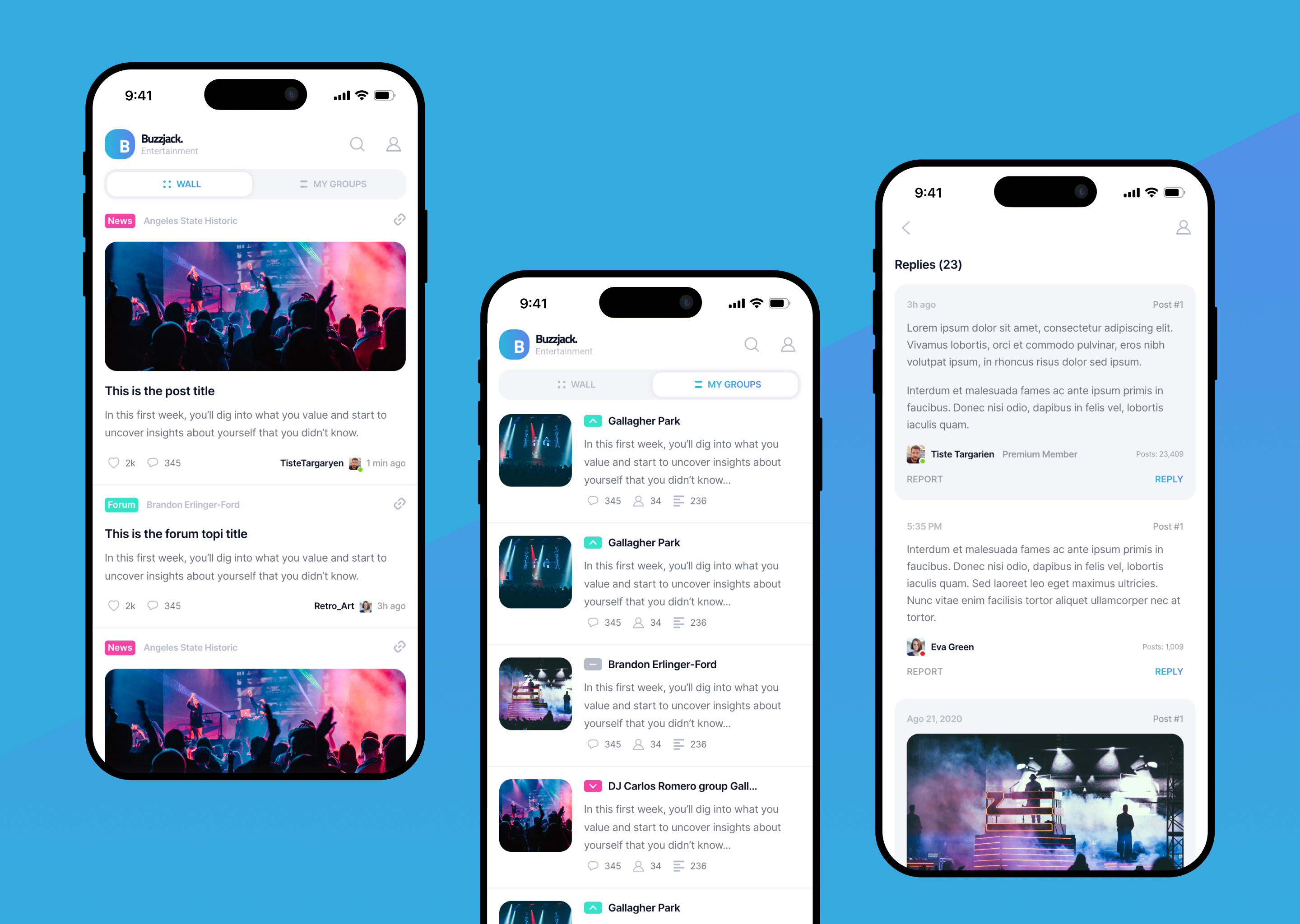 Diseño responsive mobile-first — tres vistas de iPhone con feed de noticias, listado de grupos y hilo de respuestas en foro de charts musicales