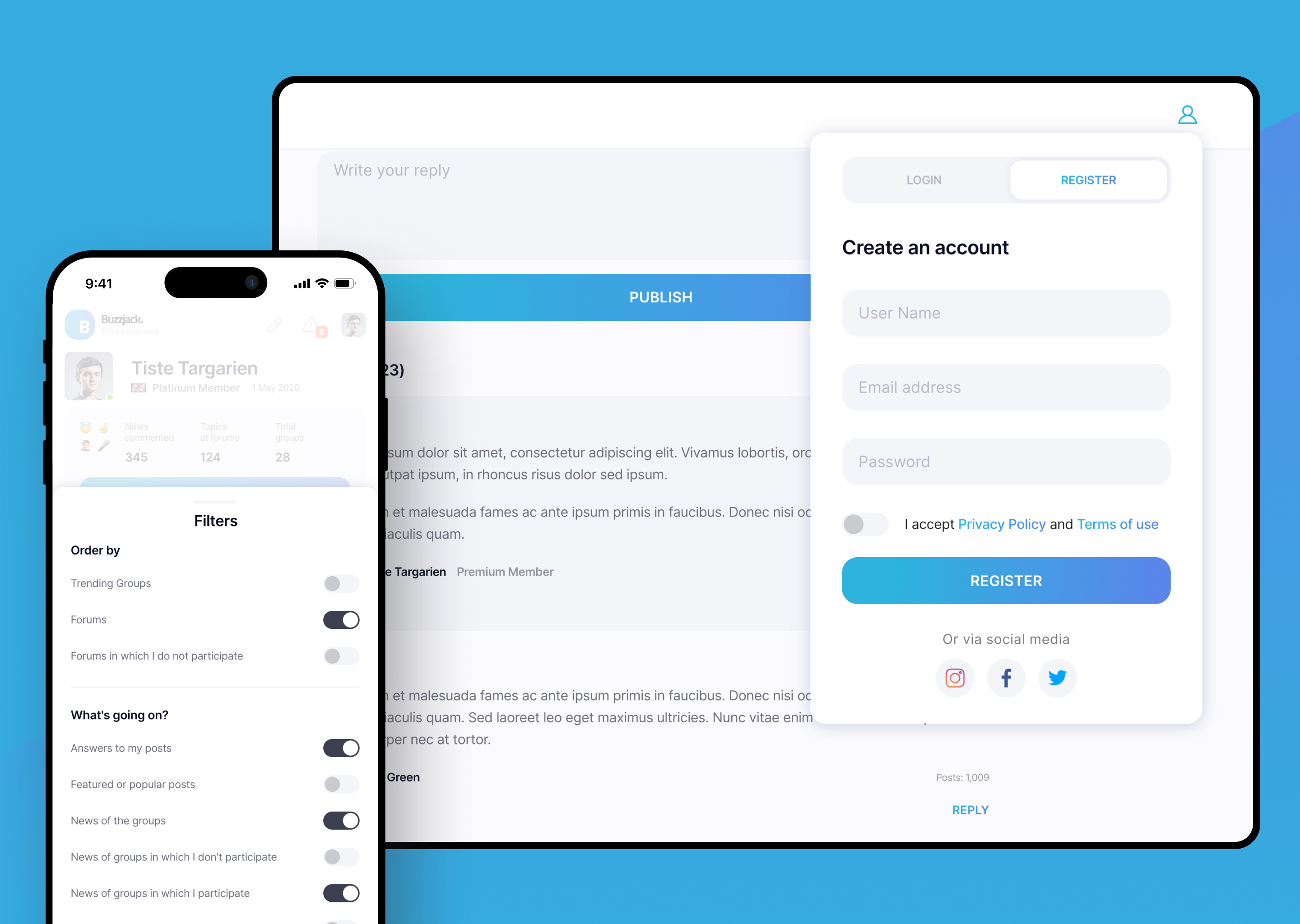 Pantallas de registro, perfil de usuario y sistema de filtros — flujo de onboarding con autenticación social y panel de preferencias de notificaciones para comunidad online