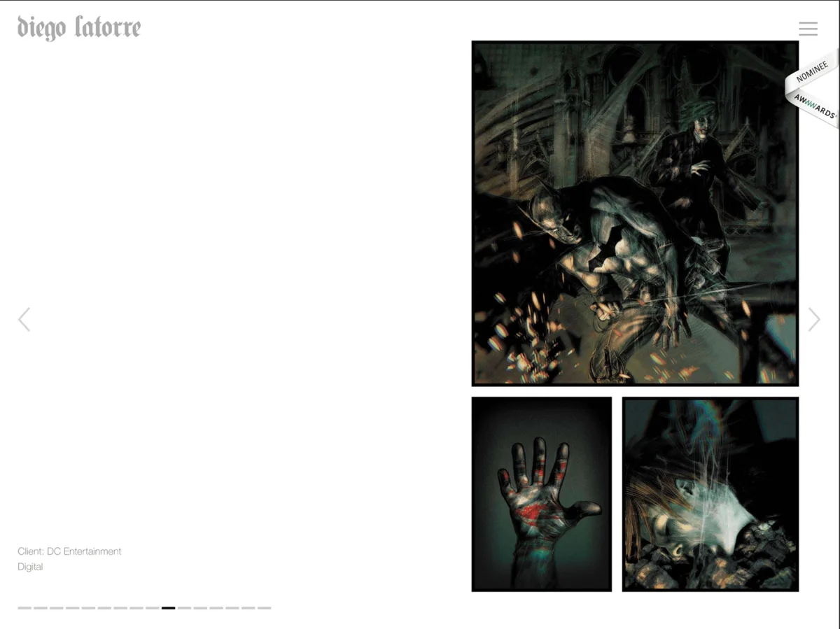 Maquetaci&oacute;n de portfolio para cliente DC Entertainment &mdash; sistema de galer&iacute;a con activaci&oacute;n de color por proyecto