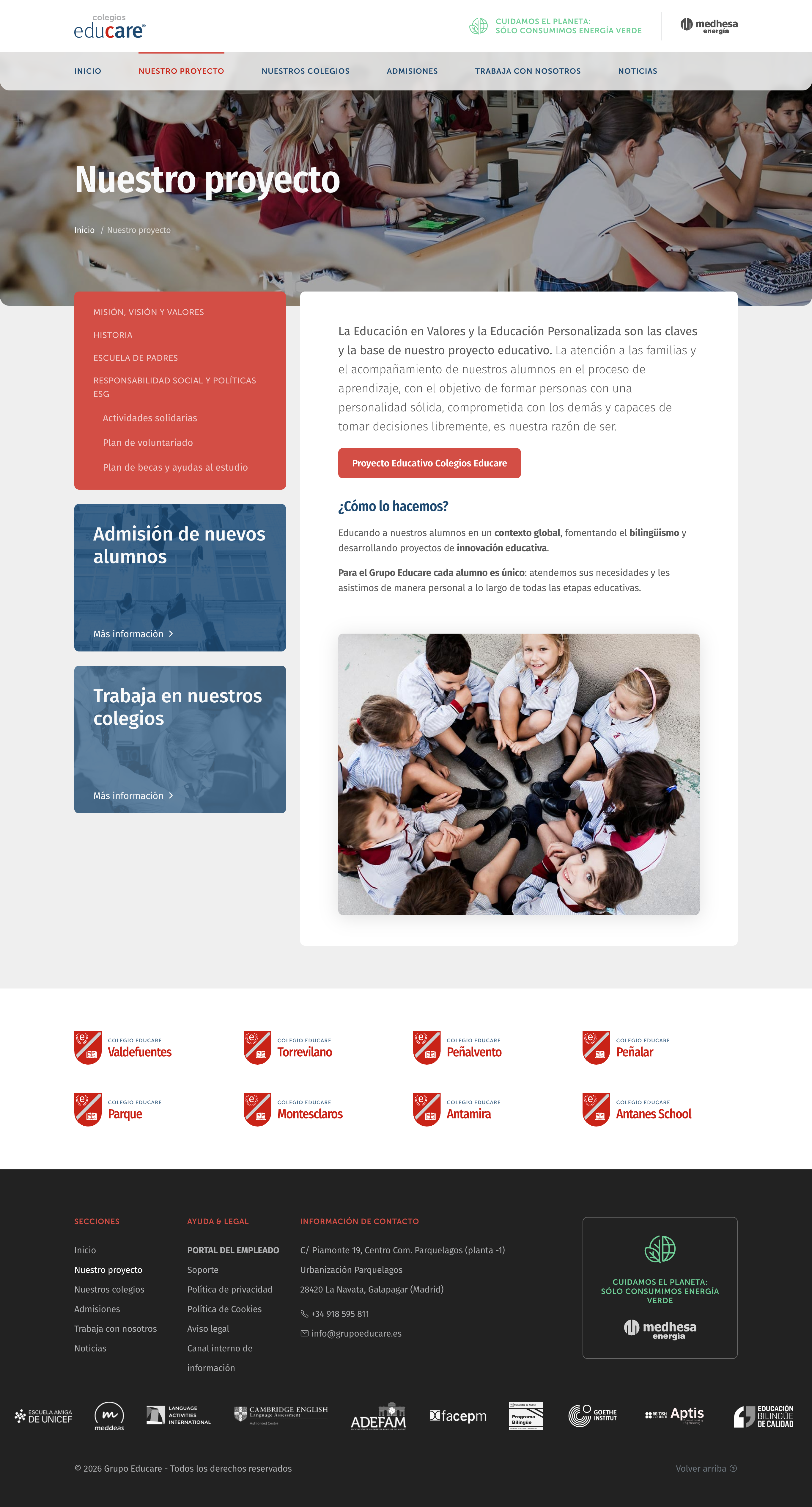 Web principal del Grupo Educare, p&aacute;gina "Nuestro Proyecto" donde se muestran sus valores pedag&oacute;gicos.