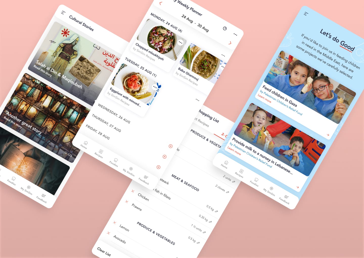 Mockup de la app con diferentes secciones