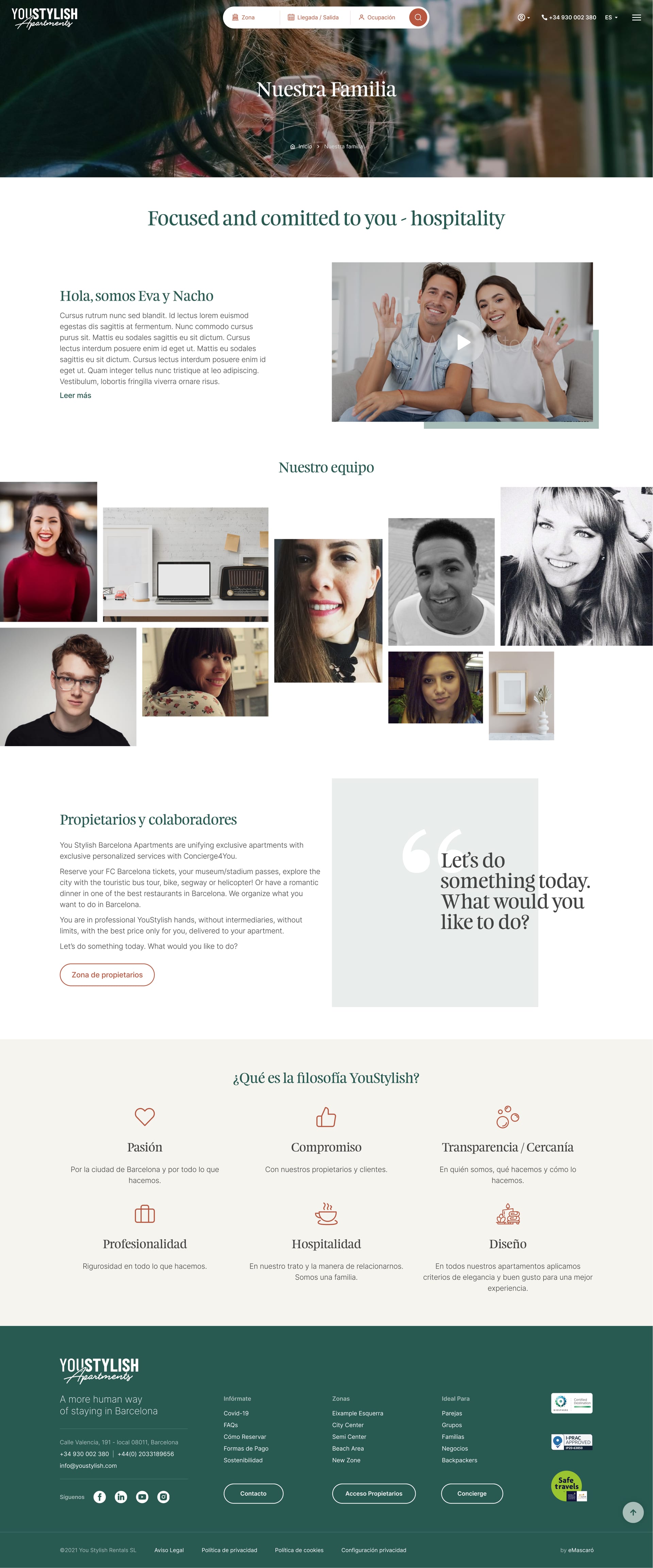 "Nuestra Familia" &mdash; dise&ntilde;o web para empresa de apartamentos tur&iacute;sticos en Barcelona con secci&oacute;n de equipo, filosof&iacute;a de marca y &aacute;rea privada para propietarios.