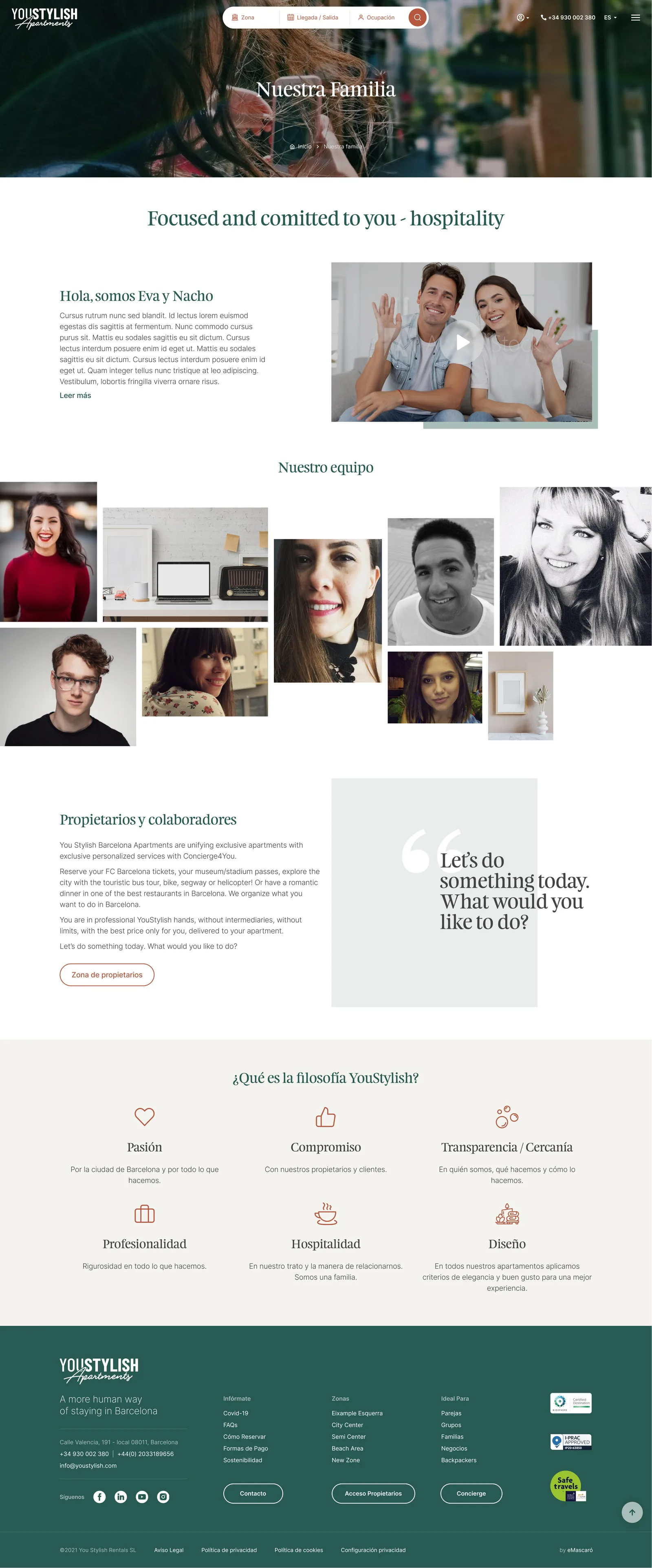 "Our Family" — web design for a tourist apartment company in Barcelona with a team section, brand philosophy and private area for owners.