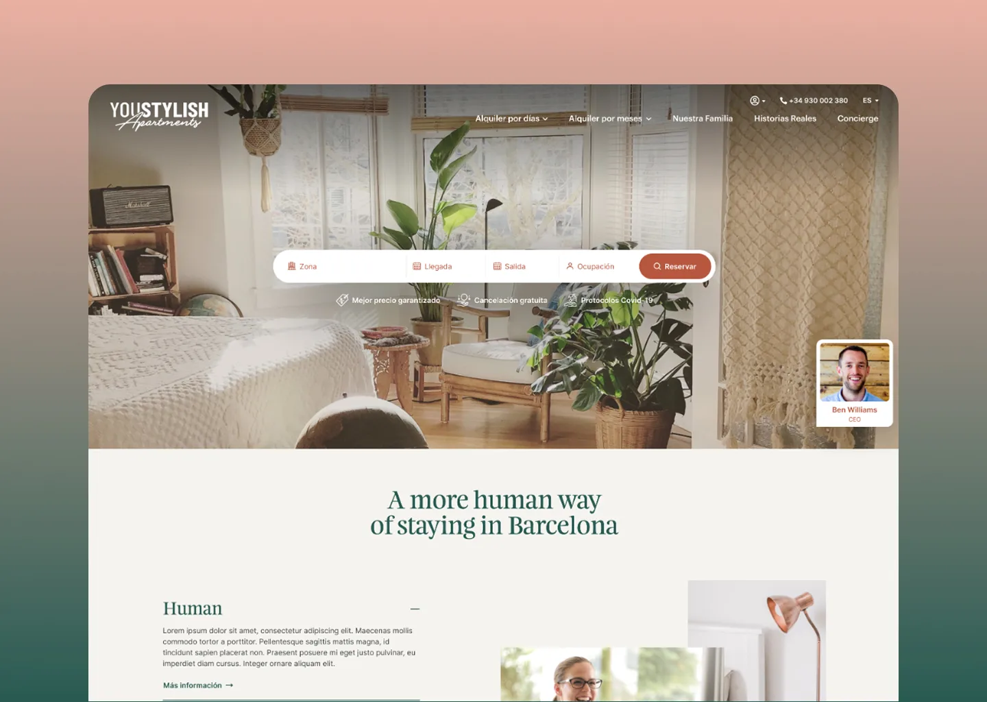 Hero with integrated search engine — Booking engine UI for tourist apartments in Barcelona with filters by area, dates and occupancy
