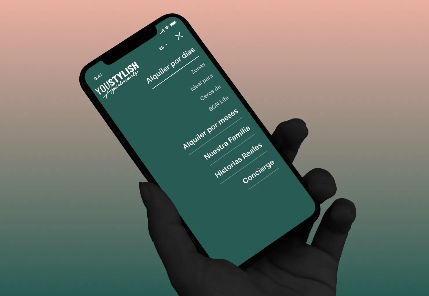 Responsive mobile menu — fullscreen navigation for apartment rental website with information architecture differentiated by type of stay